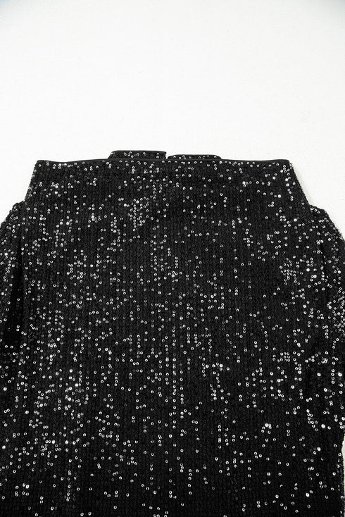 Sequin Mock Neck Drape Open Back Bell Sleeve Lined Top